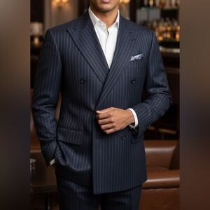 Domenico Spano Bespoke 40R Navy Blue Stripe Wool Double Breasted Peak‎ Jacket